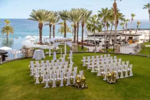 picture of wedding decoration in a hotel garden with a sea view