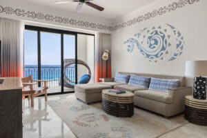 picture of a living area in a room with a balcony sea view