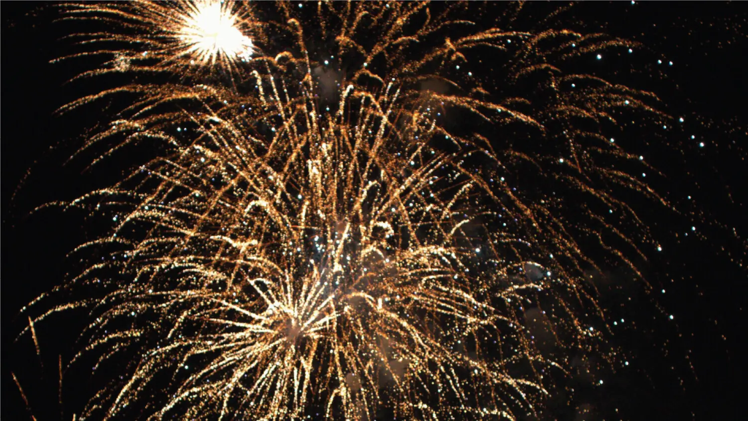 Golden fireworks burst brilliantly in the dark night sky, scattering sparkling trails of light.