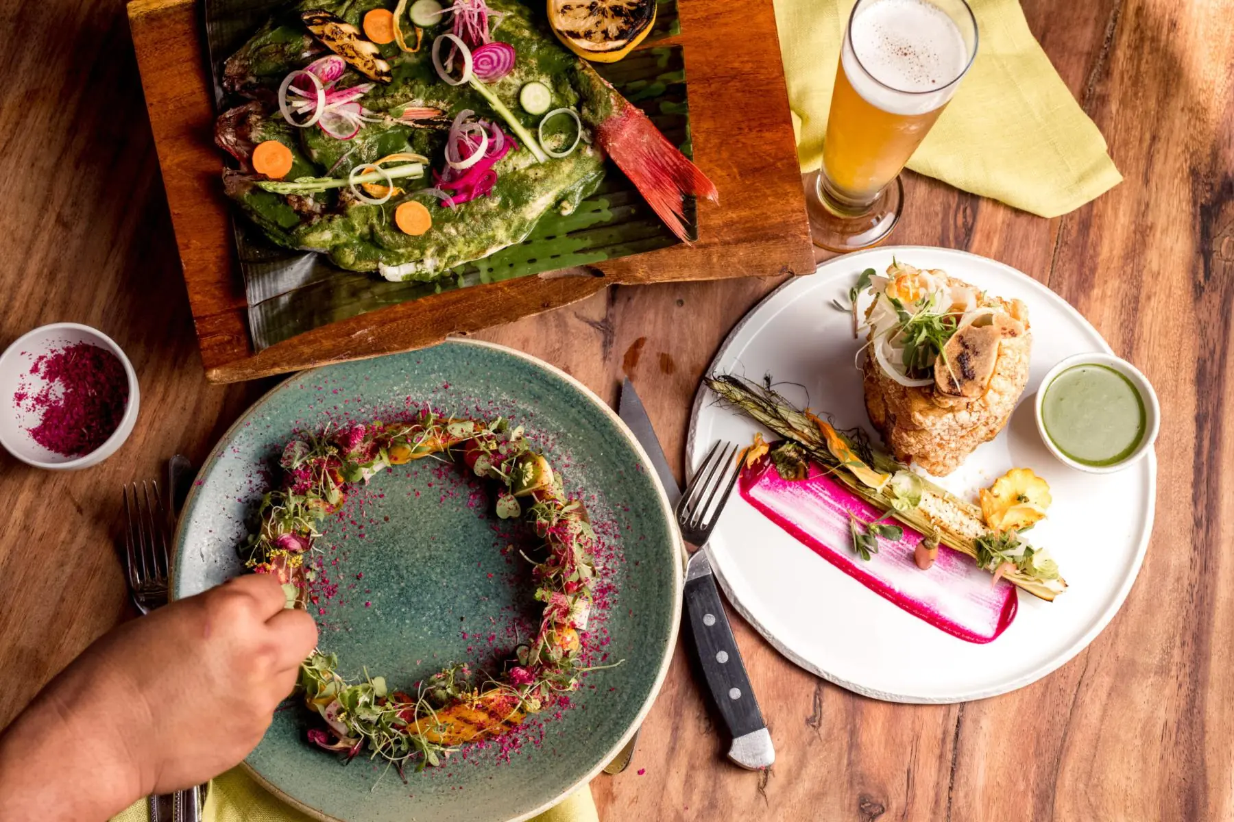 imagen con la mano de un chef adornando el plato de comida