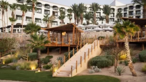 Exterior del complejo con cabaña de madera, jardines paisajísticos, palmeras y escaleras que conducen a la terraza.