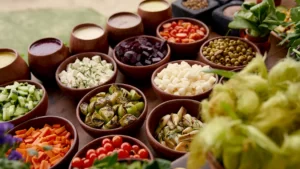 Colorful salad bar with bowls of fresh chopped vegetables, leafy greens, grilled peppers, and assorted sauces.